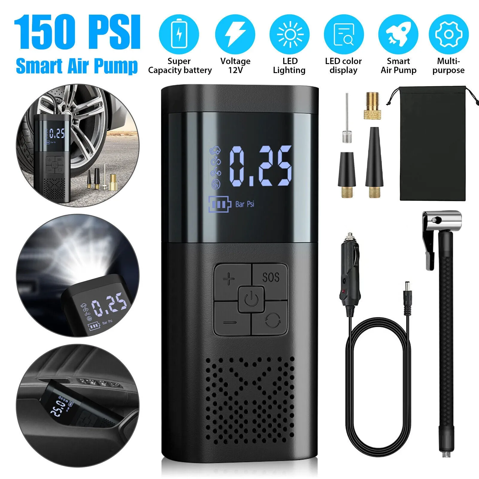 150psi Car Digital Electric Tire Inflator Portable LCD Car