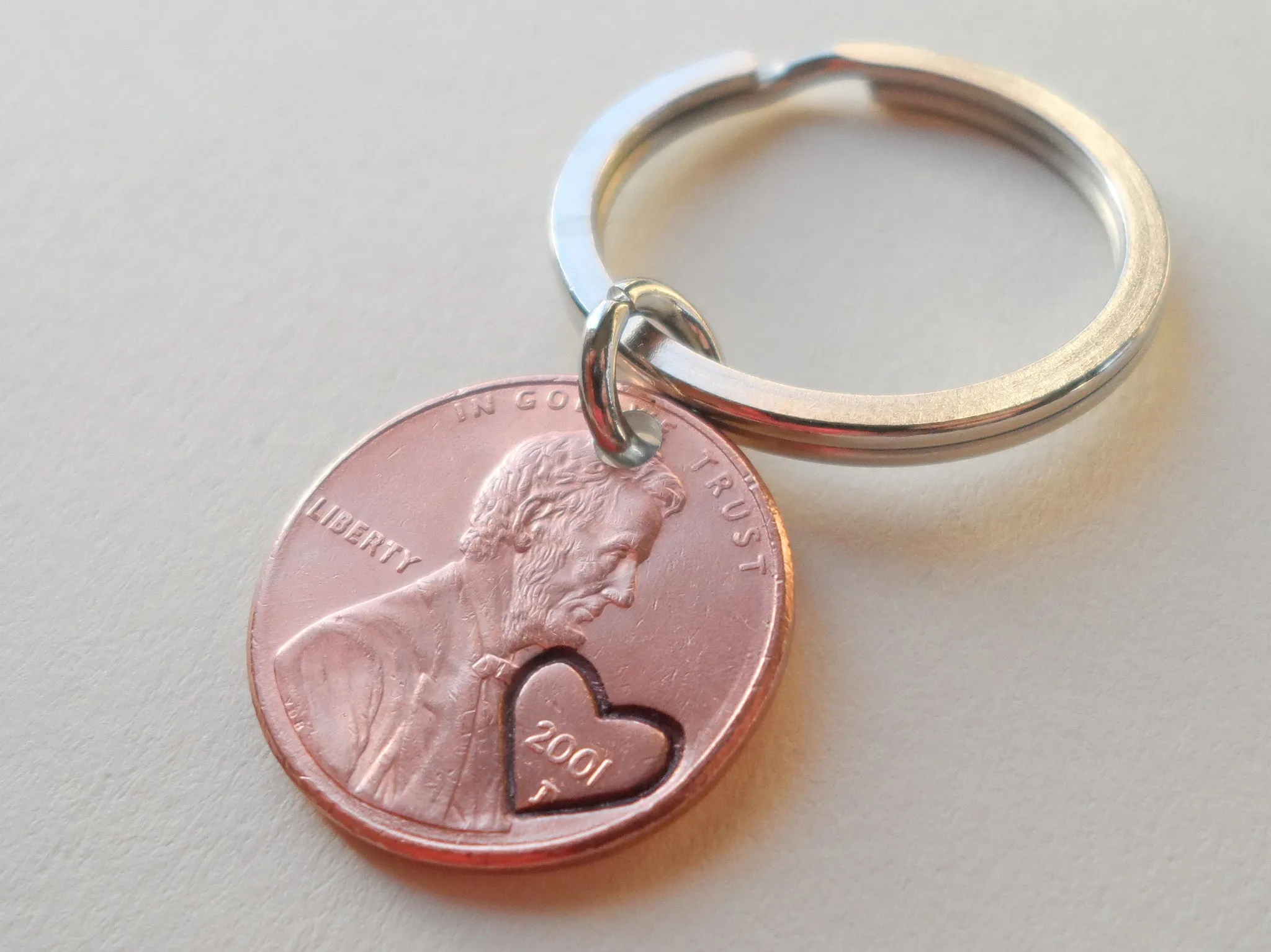 2001 Penny Keychain with Engraved Heart Around Year; 24 Year Anniversary Gift, Couples Keychain