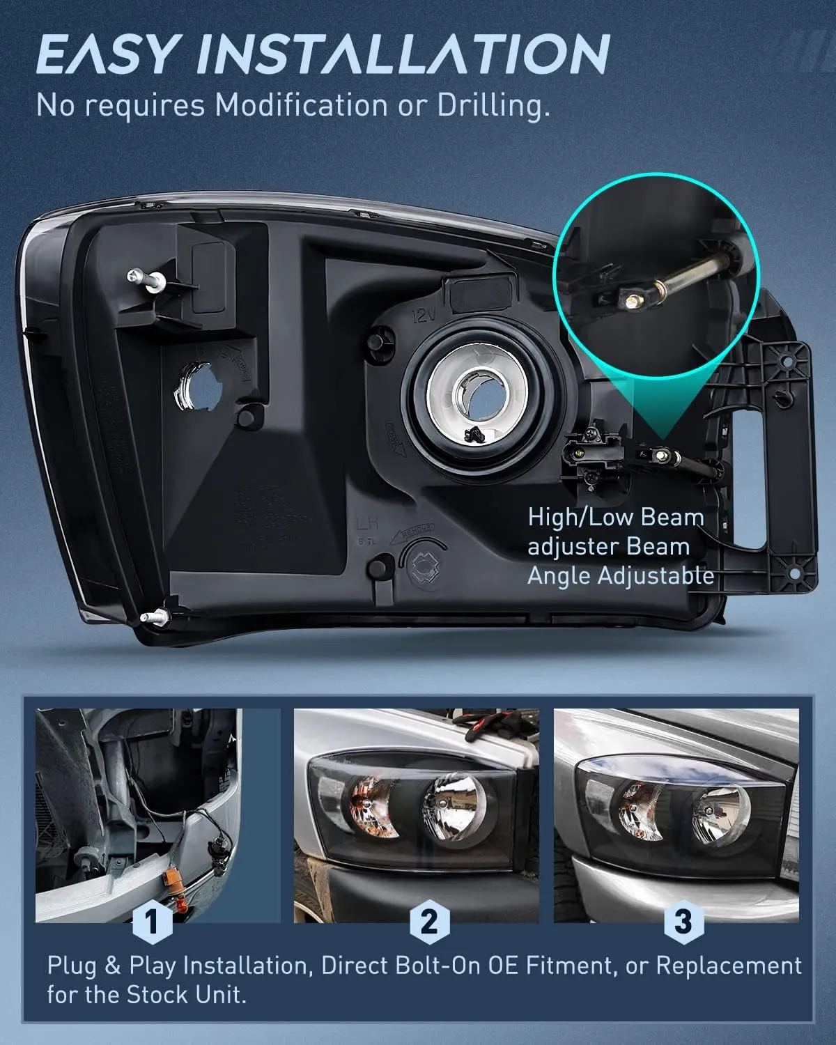 2006-2008 Dodge Ram 1500 2006-2009 Dodge Ram 2500 3500 Headlight Assembly Black Housing Clear Reflector