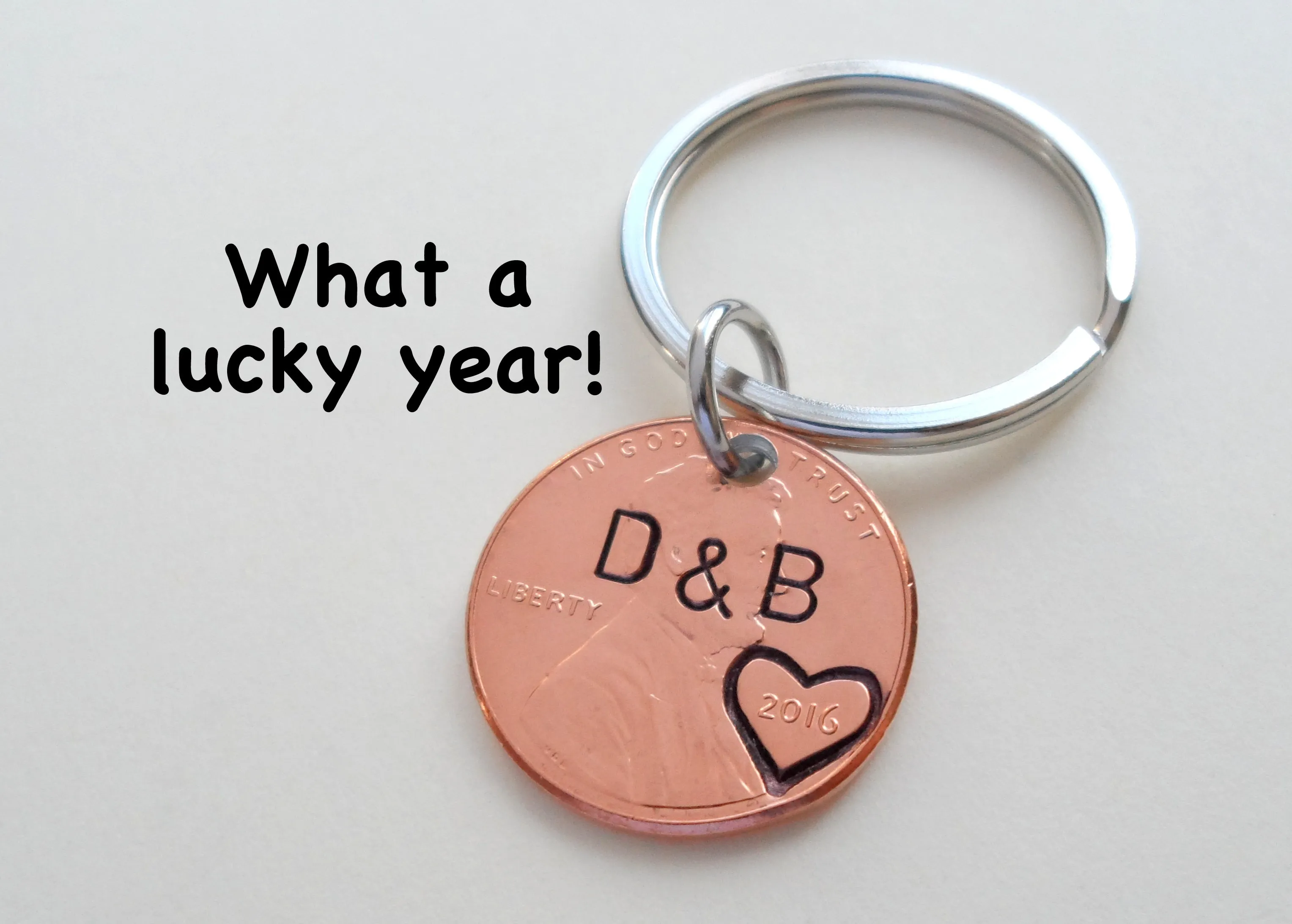 2021 US One Cent Penny Keychain with Heart Around Year; 4 Year Anniversary Gift, Couples Keychain
