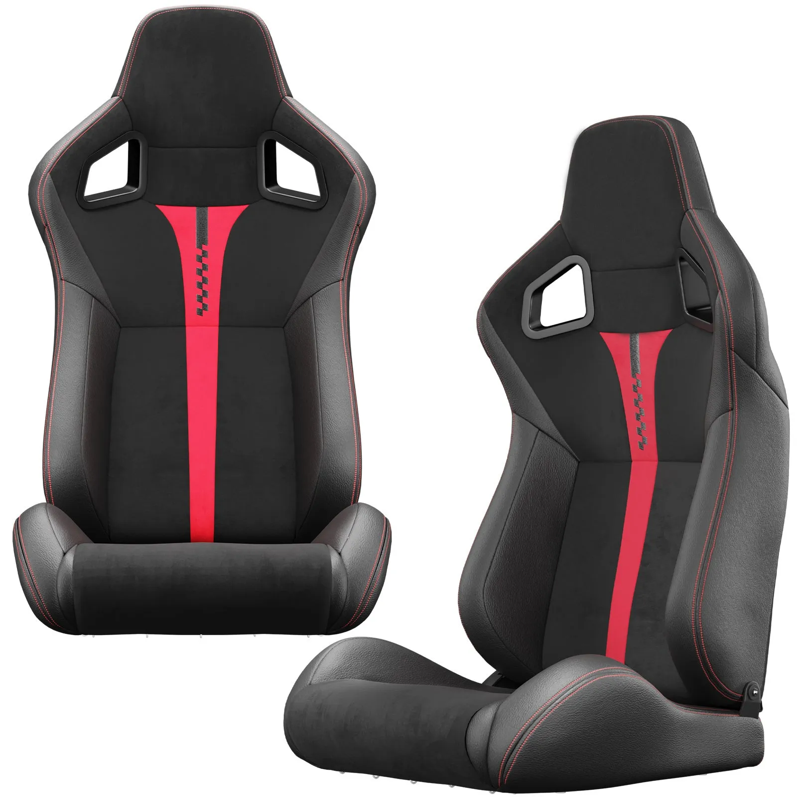 2PC New Universal Bucket Racing Seats Red Stitch Red PVC Leather