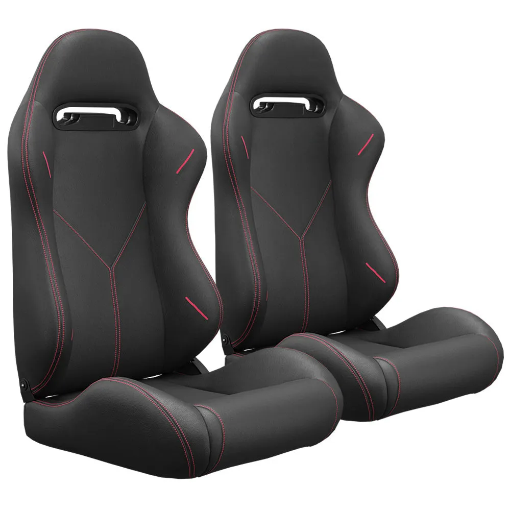 2PC Universal Bucket Racing Seats Red Stitch Red PVC Leather