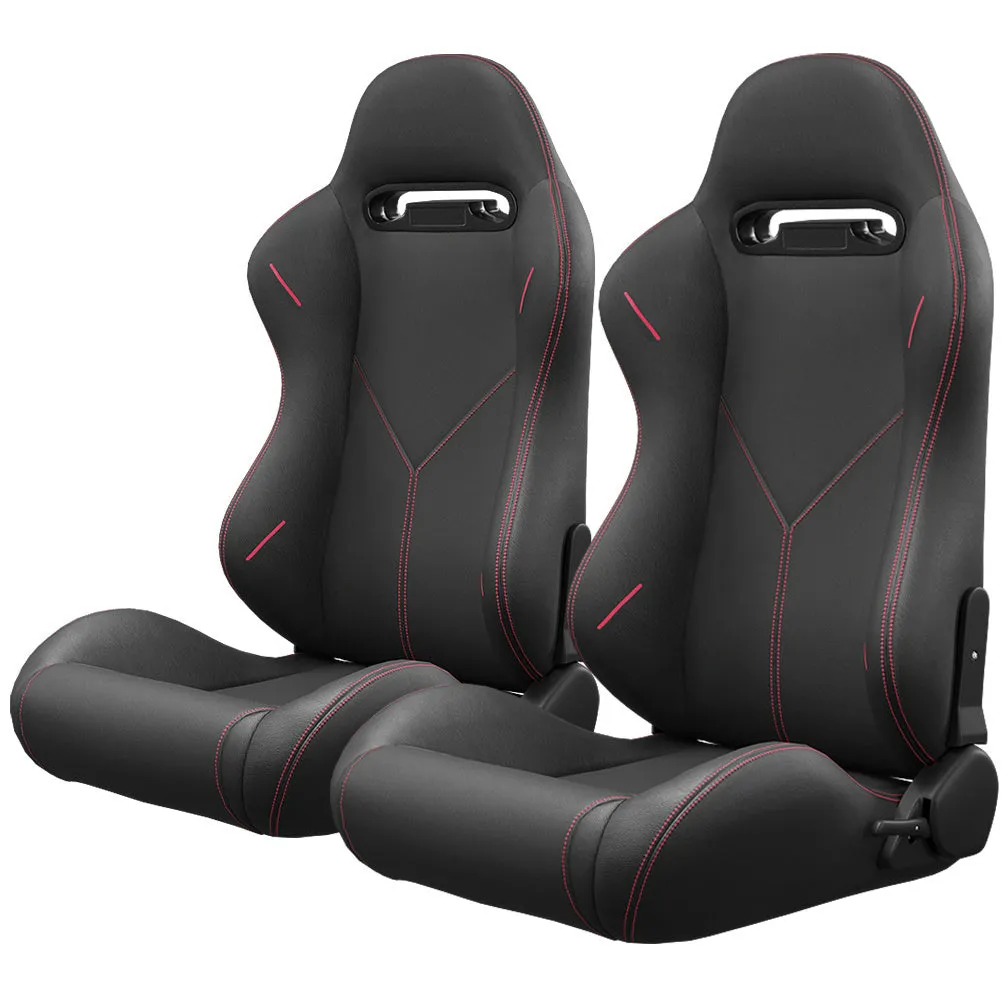 2PC Universal Bucket Racing Seats Red Stitch Red PVC Leather