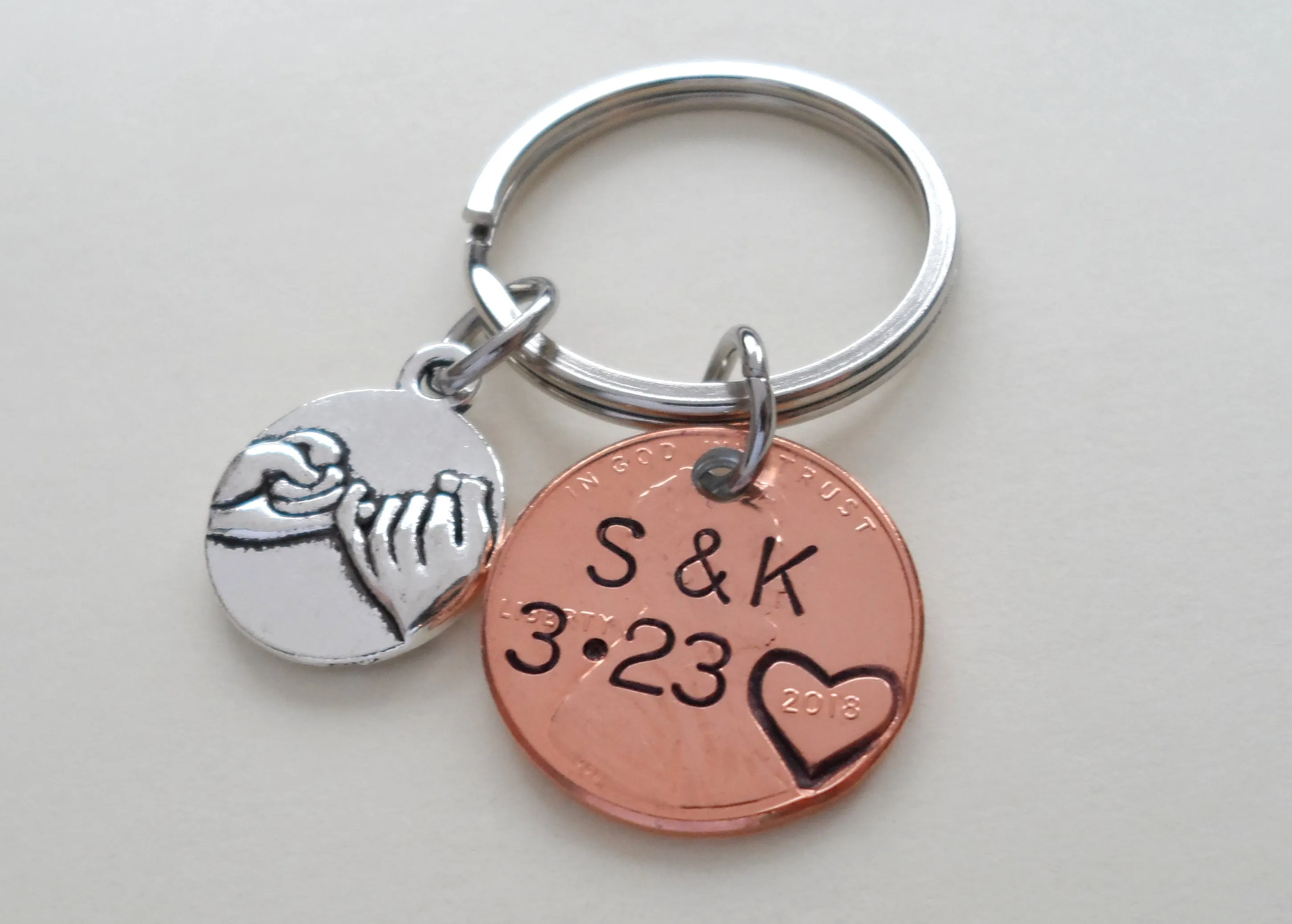 Anniversary Gift • Personalized Penny Keychain Stamped with Heart Around the Year & Initials w/ Anniversary Date & Pinky Promise Charm