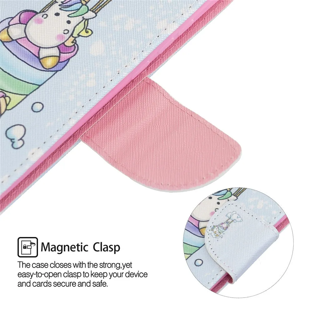 Anymob iPhone Case Pink And Brown Unicorn Painted Leather Magnetic Flip Wallet Cover Shell