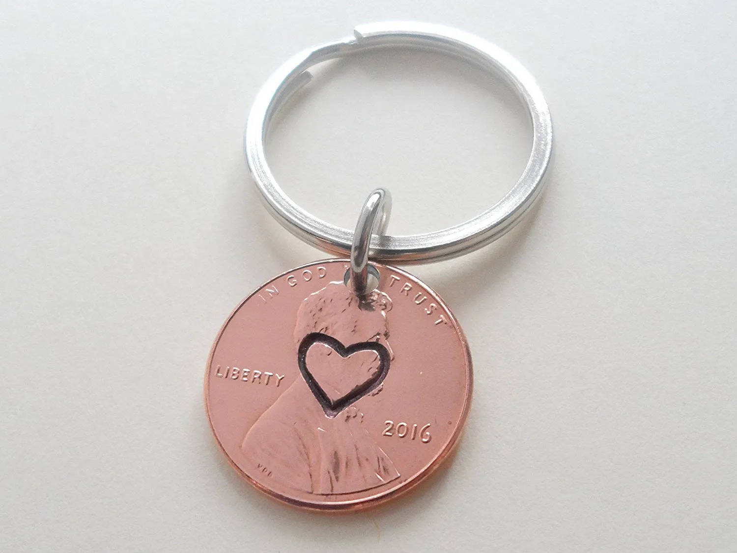 Centered Heart Stamped on 2016 Penny Keychain; 9 Year Anniversary Gift