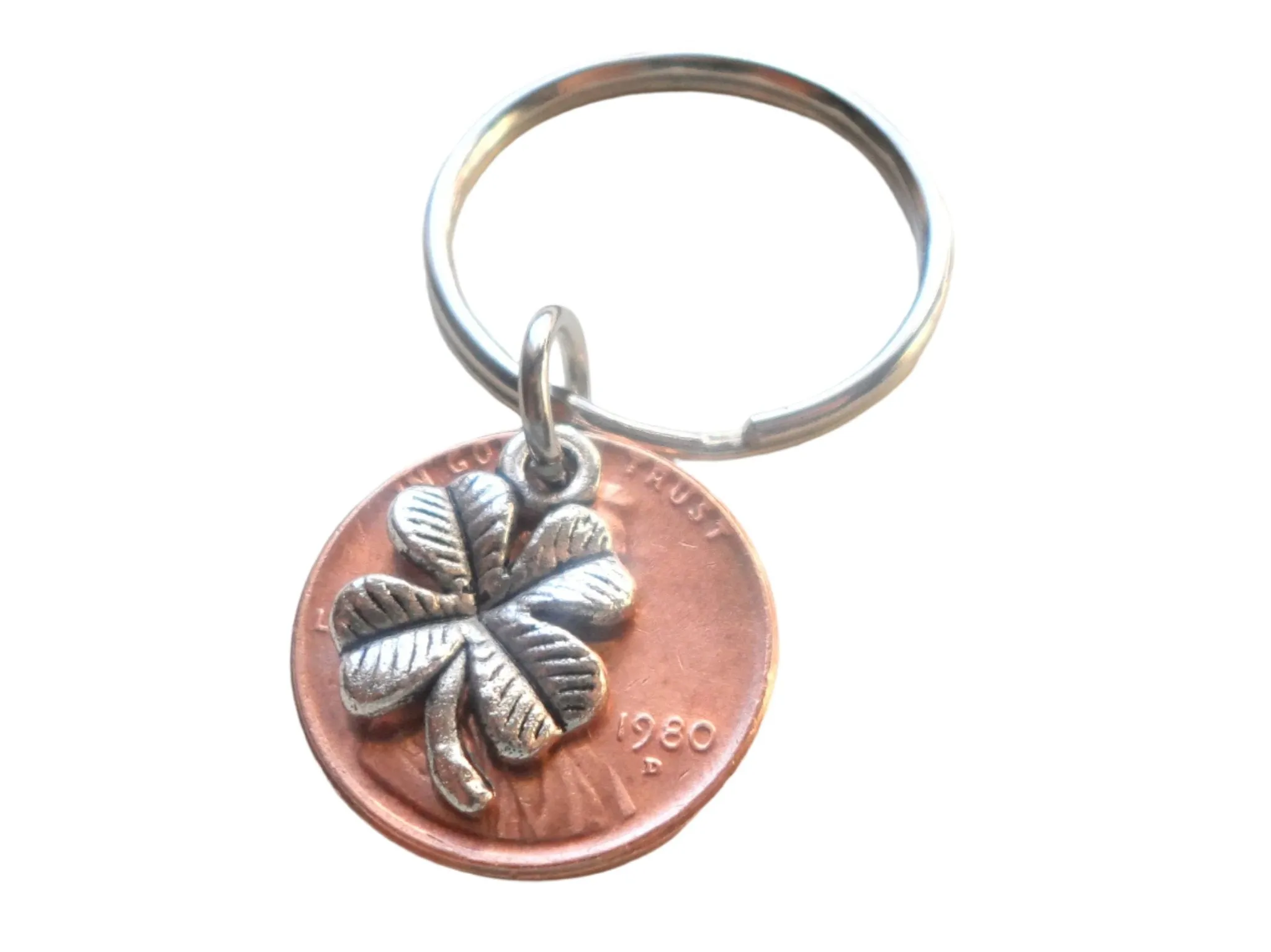 Clover Charm Layered Over 1980 Penny Keychain; 42 Year Anniversary Gift, Birthday Gift, Couples Keychain