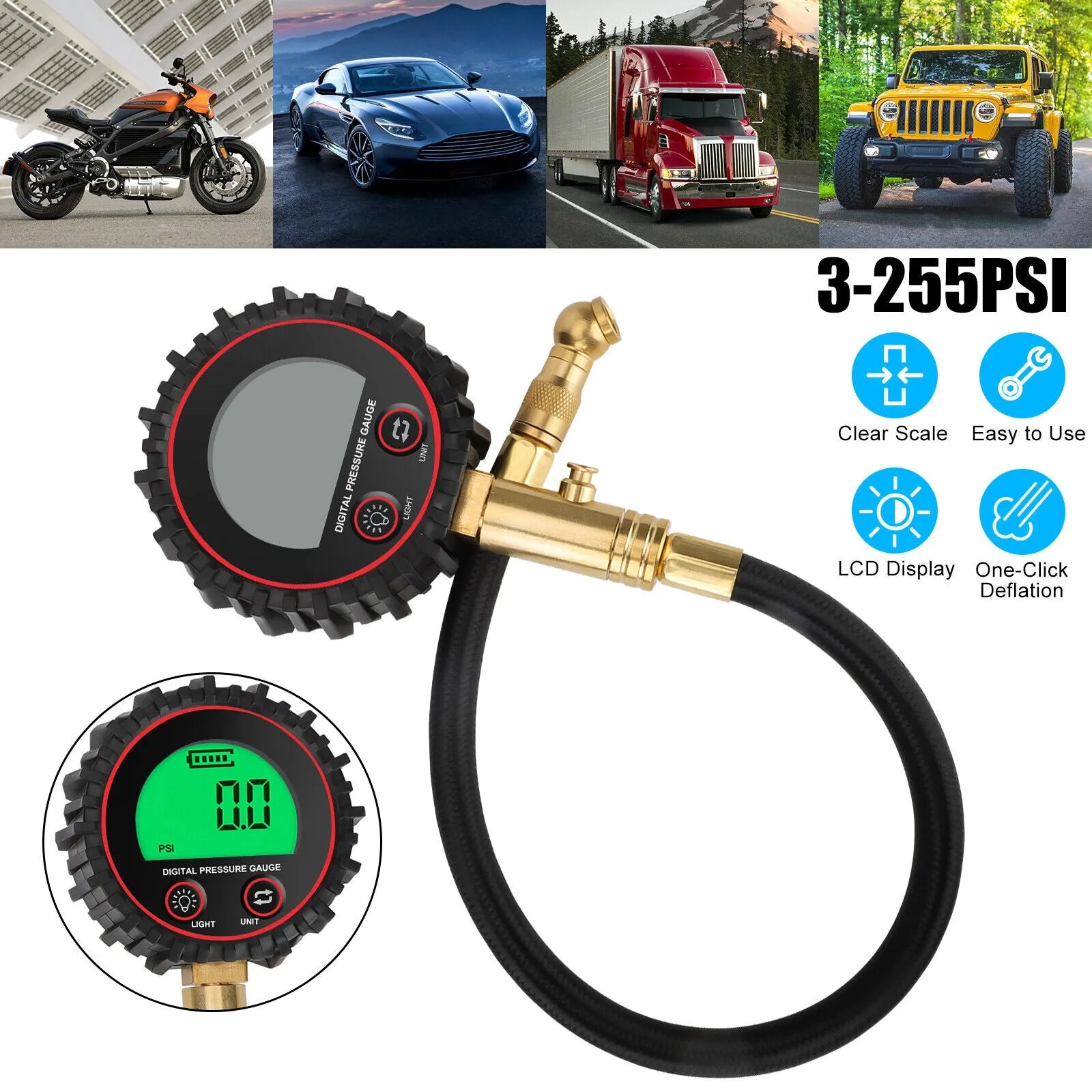 Digital Tire Pressure Gauge 255PSI Professional Accuracy LCD