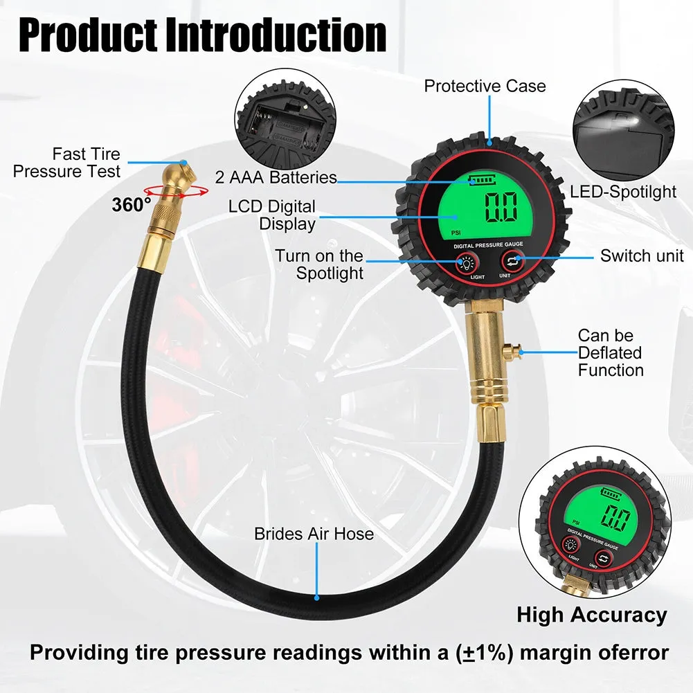 Digital Tire Pressure Gauge 255PSI Professional Accuracy LCD