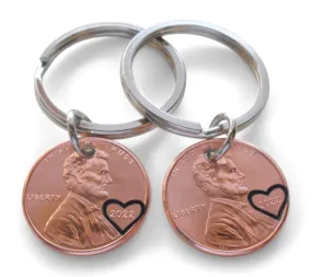 Double Keychain Set 2022 US One Cent Penny Keychains with Heart Around Year; 3 Year Anniversary, Couples Keychain