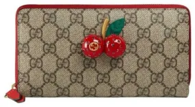 Gucci Cherry Leather Long Wallet Zip Canvas Cherrie GG Fruit Italy Beige Red NEW