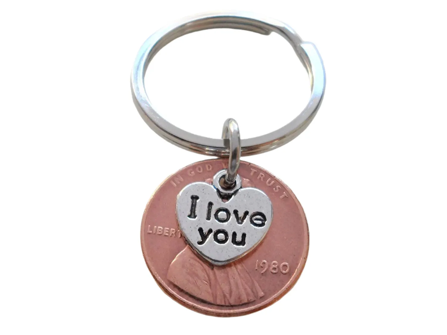 I Love You Heart Charm Layered Over 1980 Penny Keychain; 45 Year Anniversary, Couples Keychain