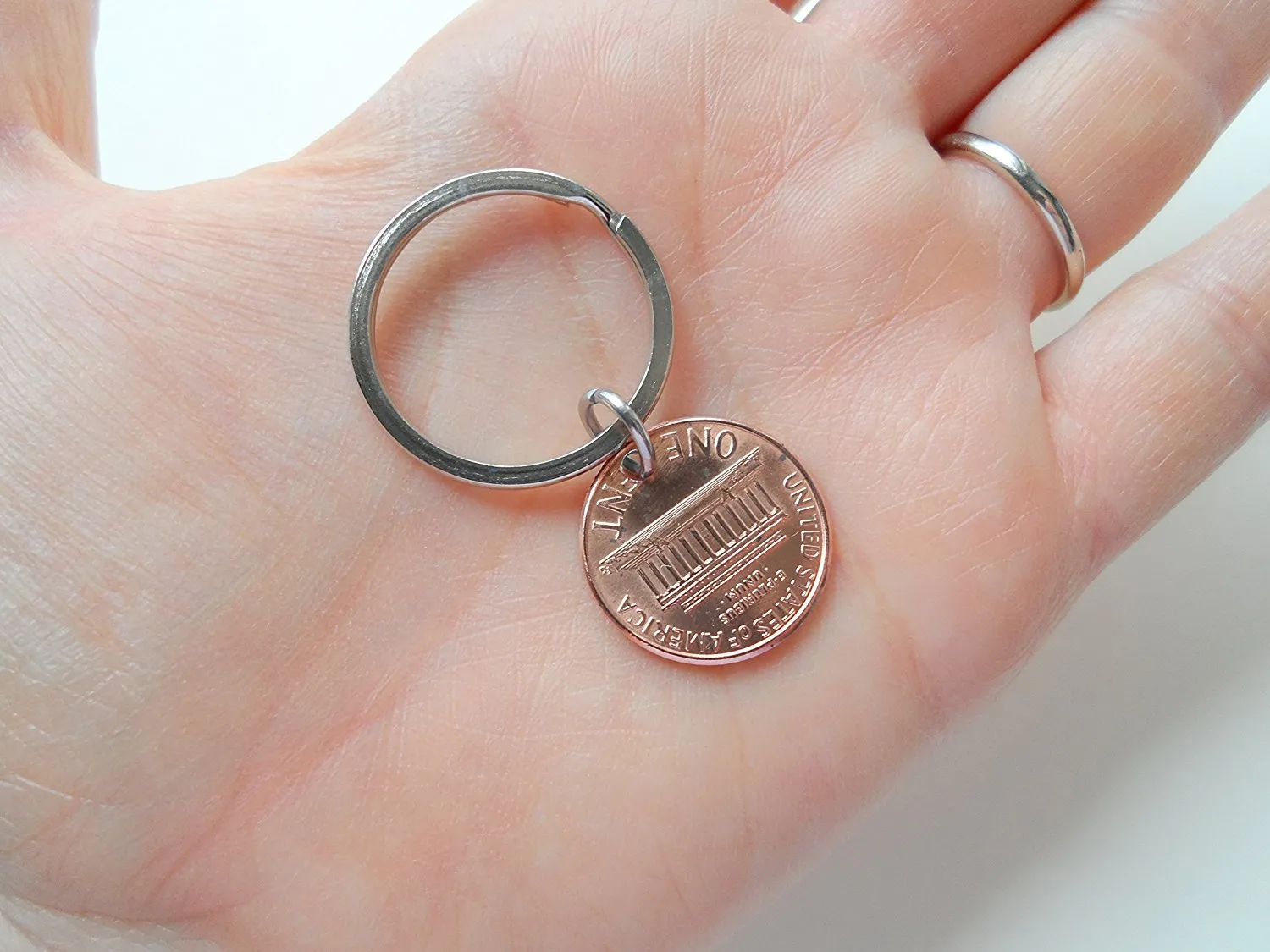I Love You Heart Charm Layered Over 1980 Penny Keychain; 45 Year Anniversary, Couples Keychain
