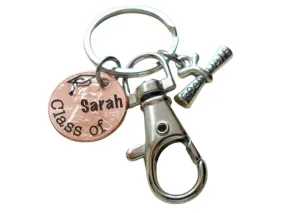 "Class Of" & Cap Engraved 2025 Penny Keychain with Custom Name with Graduate Scroll Charm & Clasp; Graduation Gift