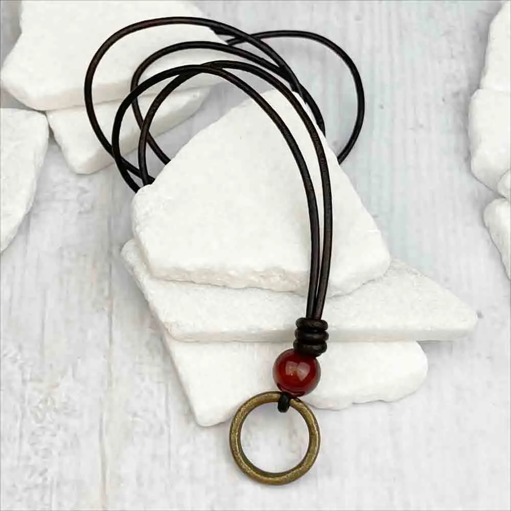 Rich Red Bronze Celtic Ring Money & Red Carnelian Leather Necklace | Artifact #7150