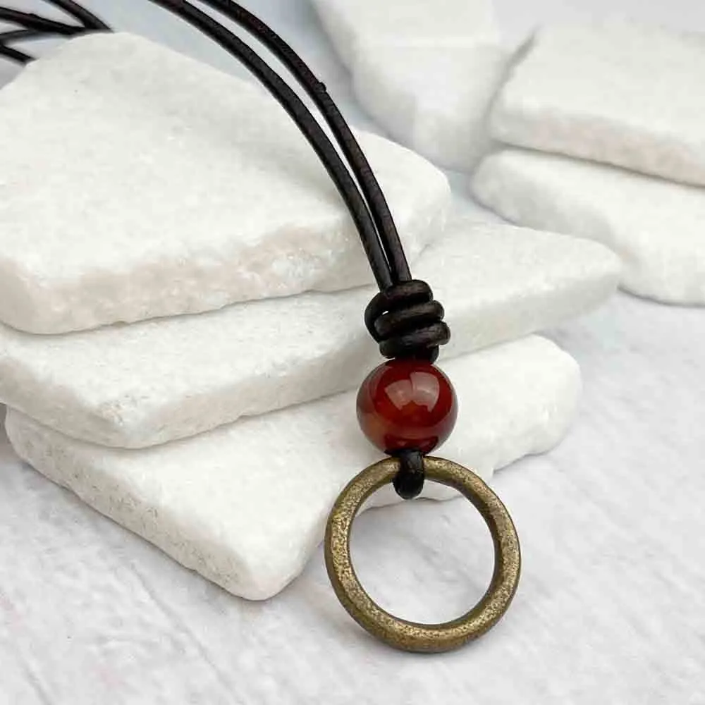 Rich Red Bronze Celtic Ring Money & Red Carnelian Leather Necklace | Artifact #7150