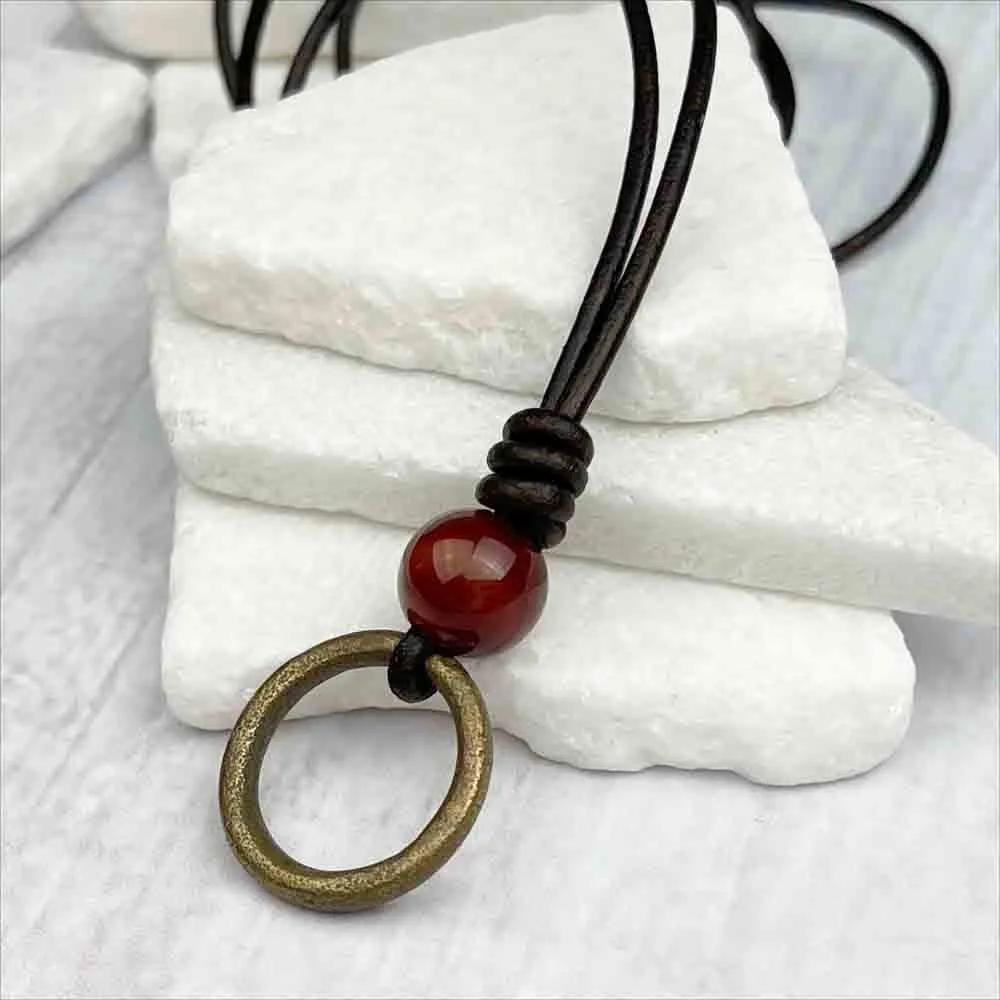 Rich Red Bronze Celtic Ring Money & Red Carnelian Leather Necklace | Artifact #7150