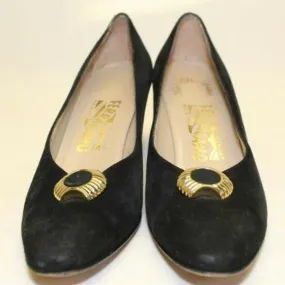 Salvatore Ferragamo black suede kitten Heels with round, scalloped gold and enamel, buckle accents!