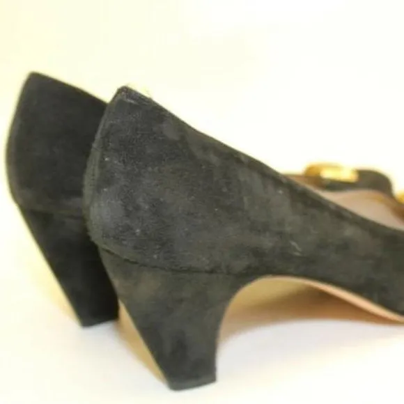 Salvatore Ferragamo black suede kitten Heels with round, scalloped gold and enamel, buckle accents!
