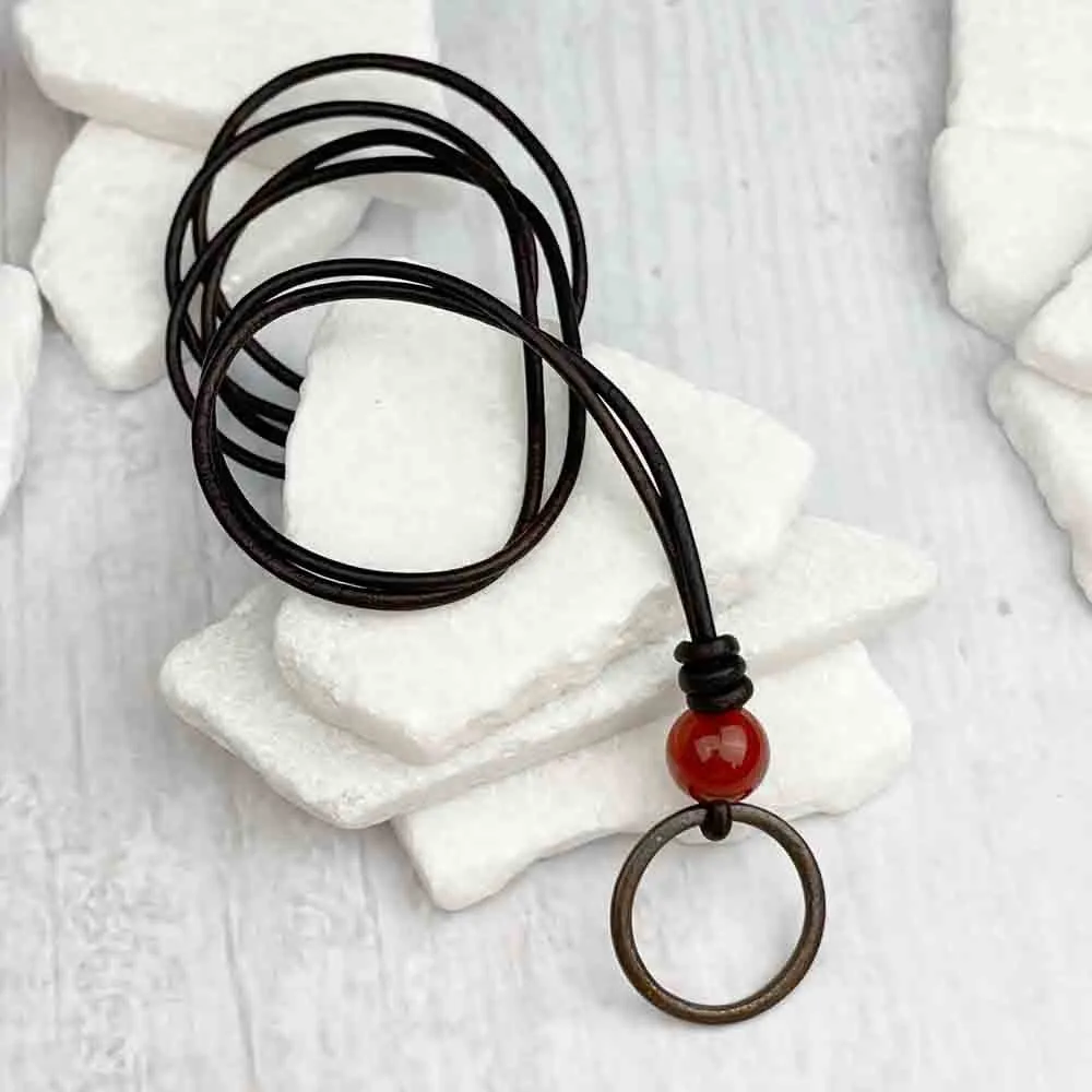 Smooth Brown Bronze Celtic Ring Money & Red Carnelian Leather Necklace | Artifact #7151