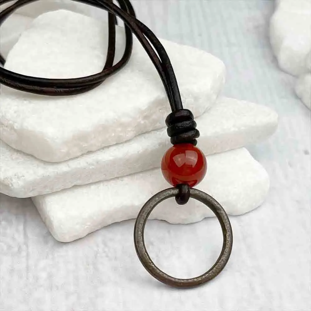 Smooth Brown Bronze Celtic Ring Money & Red Carnelian Leather Necklace | Artifact #7151