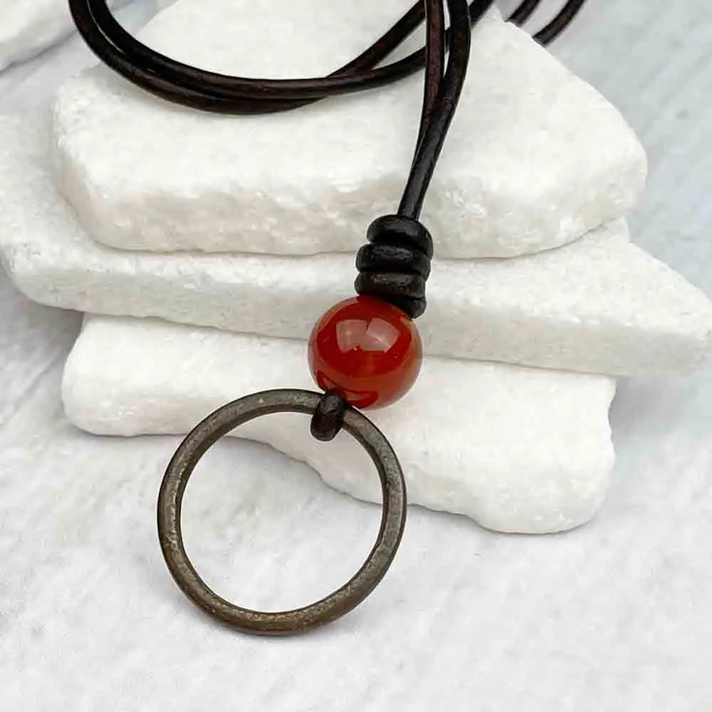 Smooth Brown Bronze Celtic Ring Money & Red Carnelian Leather Necklace | Artifact #7151