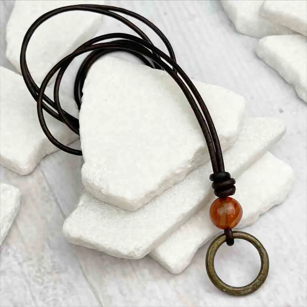 Smooth Red Bronze Celtic Ring Money & Multi Colored Carnelian Leather Necklace | Artifact #7155