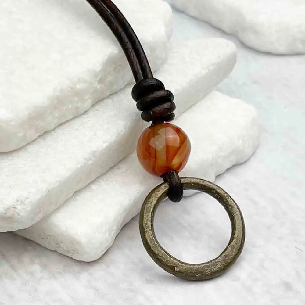 Smooth Red Bronze Celtic Ring Money & Multi Colored Carnelian Leather Necklace | Artifact #7155