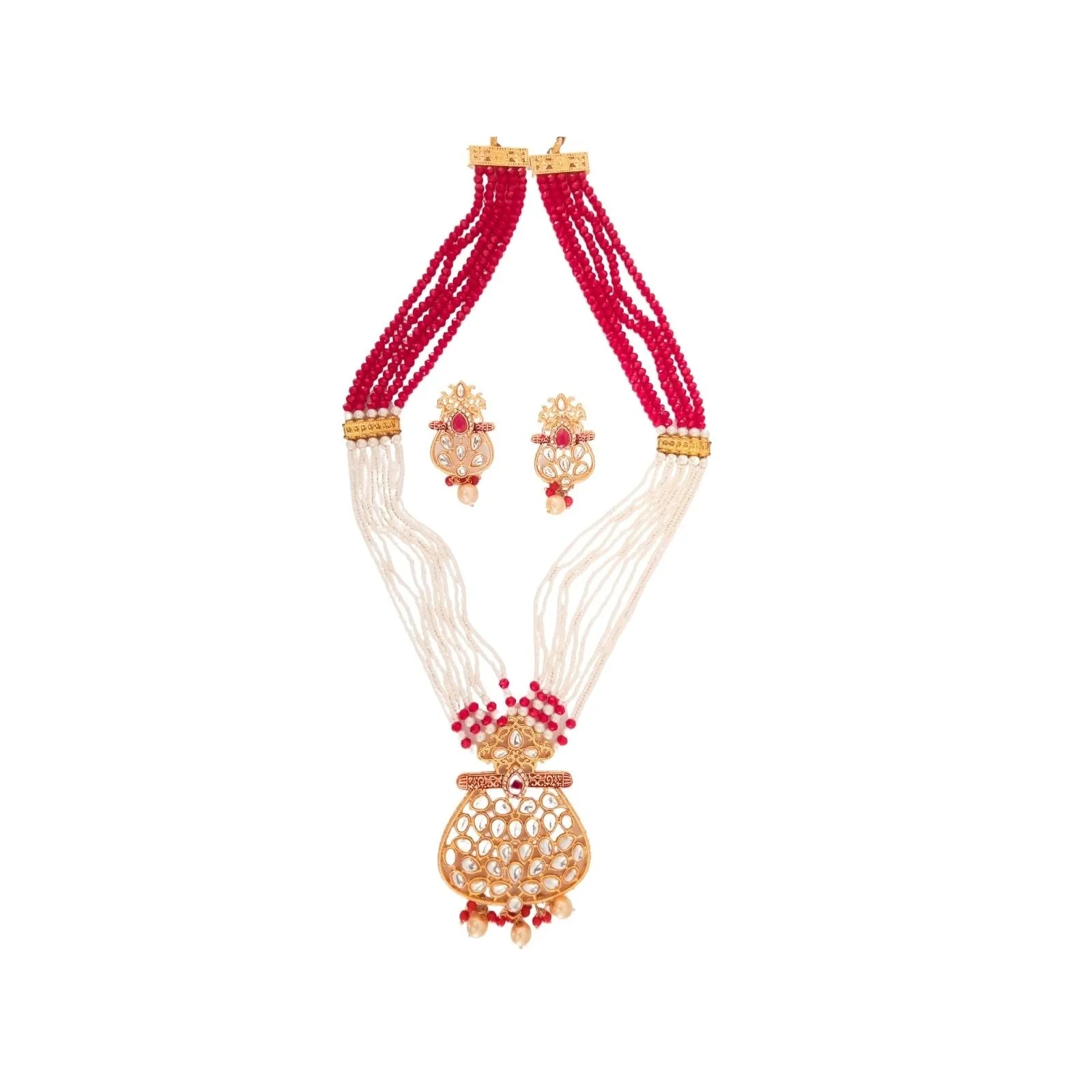 Teejh Fathima Red And White Beaded Gold Necklace Set- Scratch & Dent