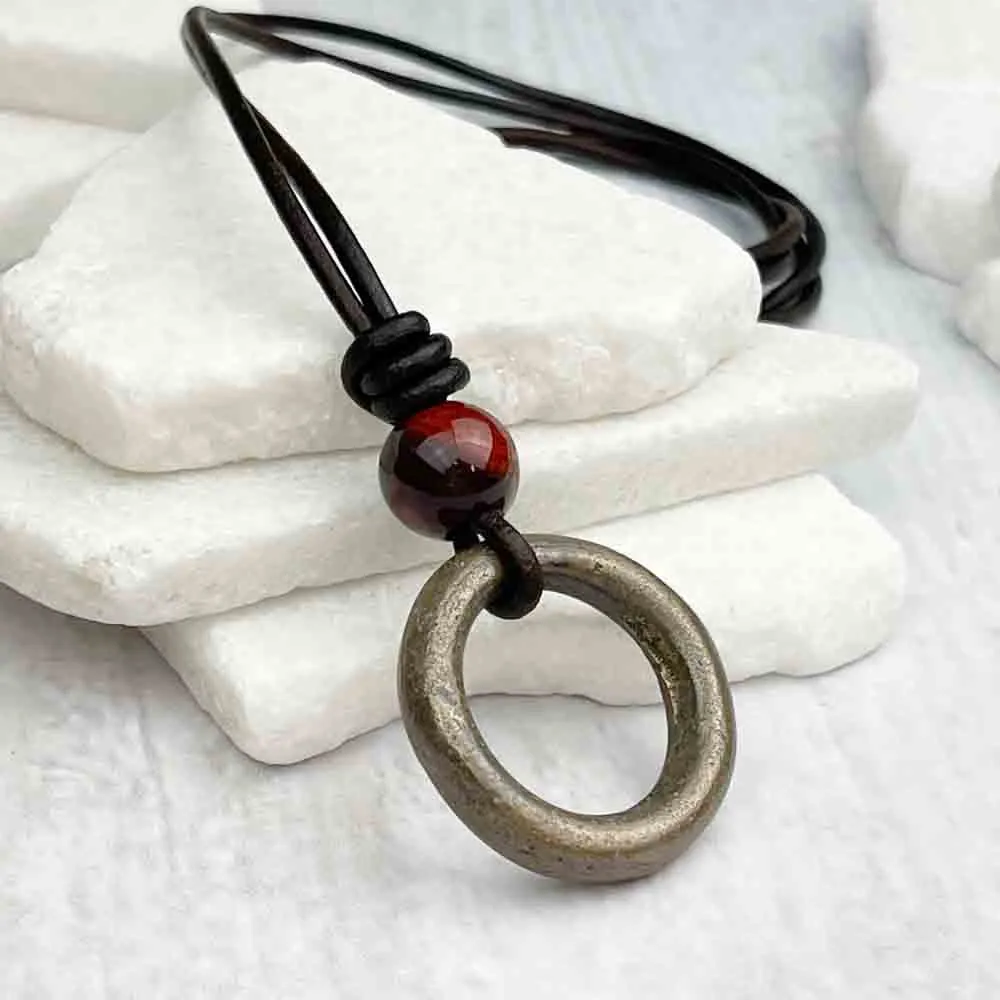 Thick Glowing Bronze Celtic Ring Money & Rainbow Jasper Leather Necklace | Artifact #7152