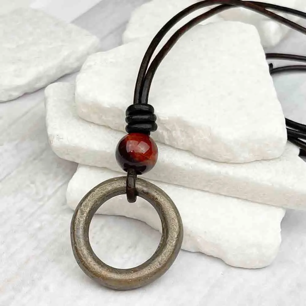 Thick Glowing Bronze Celtic Ring Money & Rainbow Jasper Leather Necklace | Artifact #7152