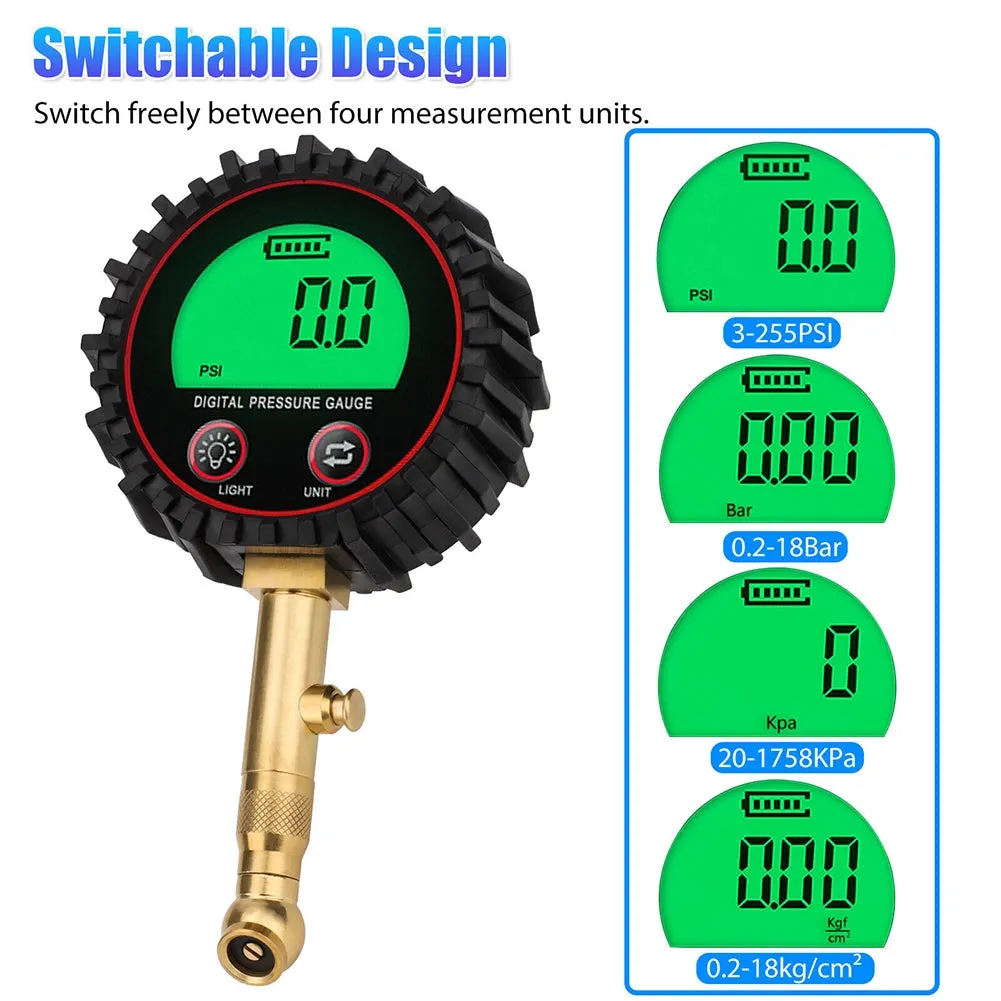 Tire Pressure Gauge 3-255PSI Heavy Duty Backlight LCD Display