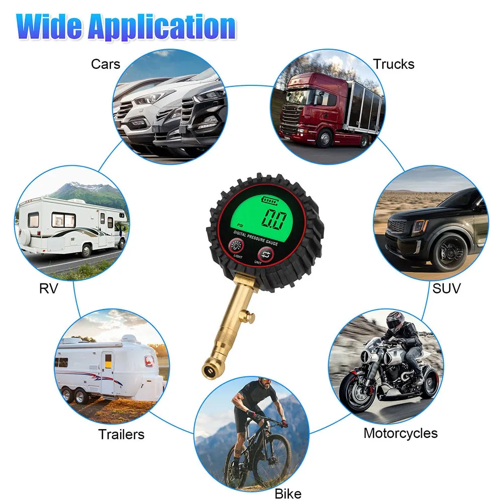 Tire Pressure Gauge 3-255PSI Heavy Duty Backlight LCD Display