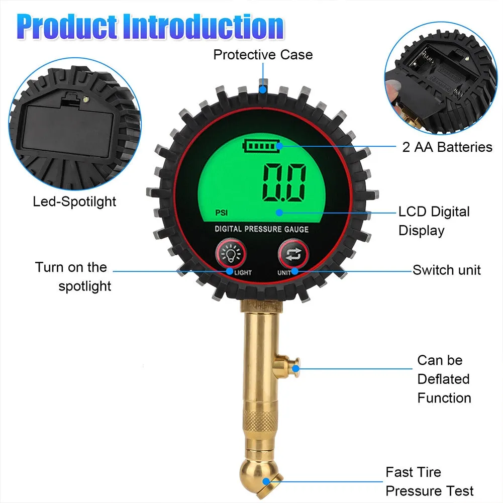 Tire Pressure Gauge 3-255PSI Heavy Duty Backlight LCD Display