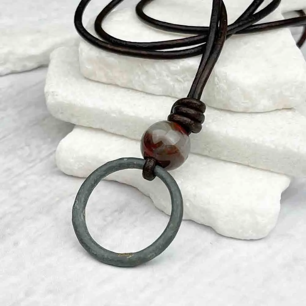 Truest Green Bronze Celtic Ring Money & Rainbow Jasper Leather Necklace | Artifact #7153