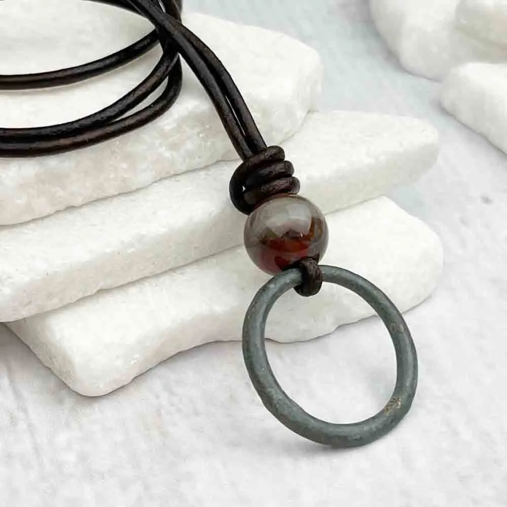 Truest Green Bronze Celtic Ring Money & Rainbow Jasper Leather Necklace | Artifact #7153